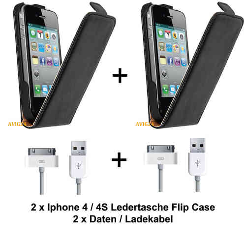 2x Iphone 4 Ledertasche Flip Case Schwarz + 2 x Daten / Ladenkabel